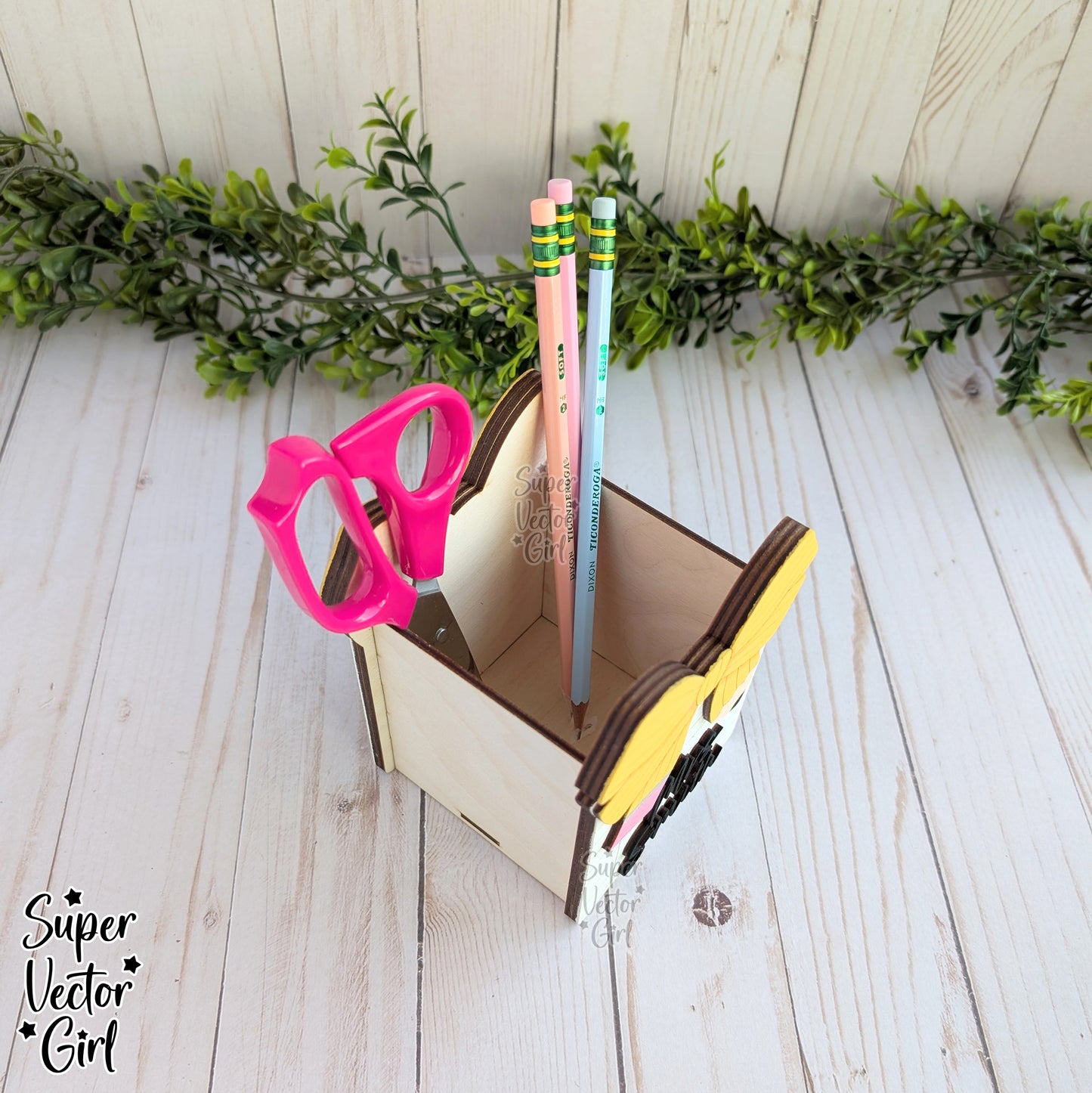 Pencil Bow and Notebook Paper Pen Cup Holder SVG File, Desk Organizer, Personalized Teacher Appreciation Gift, Digital Laser Cut File, Desk Pens Holder, Storage Cup Basket, xTool Glowforge files, Custom Name