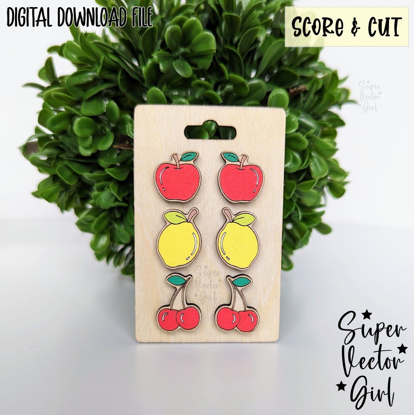 Fruits Set 2 Stud Earrings Bundle Set, SVG, Laser Cut File, Score & Cut, Cute Summer Fruit Apple Lemon Lime Cherry Food Kid
