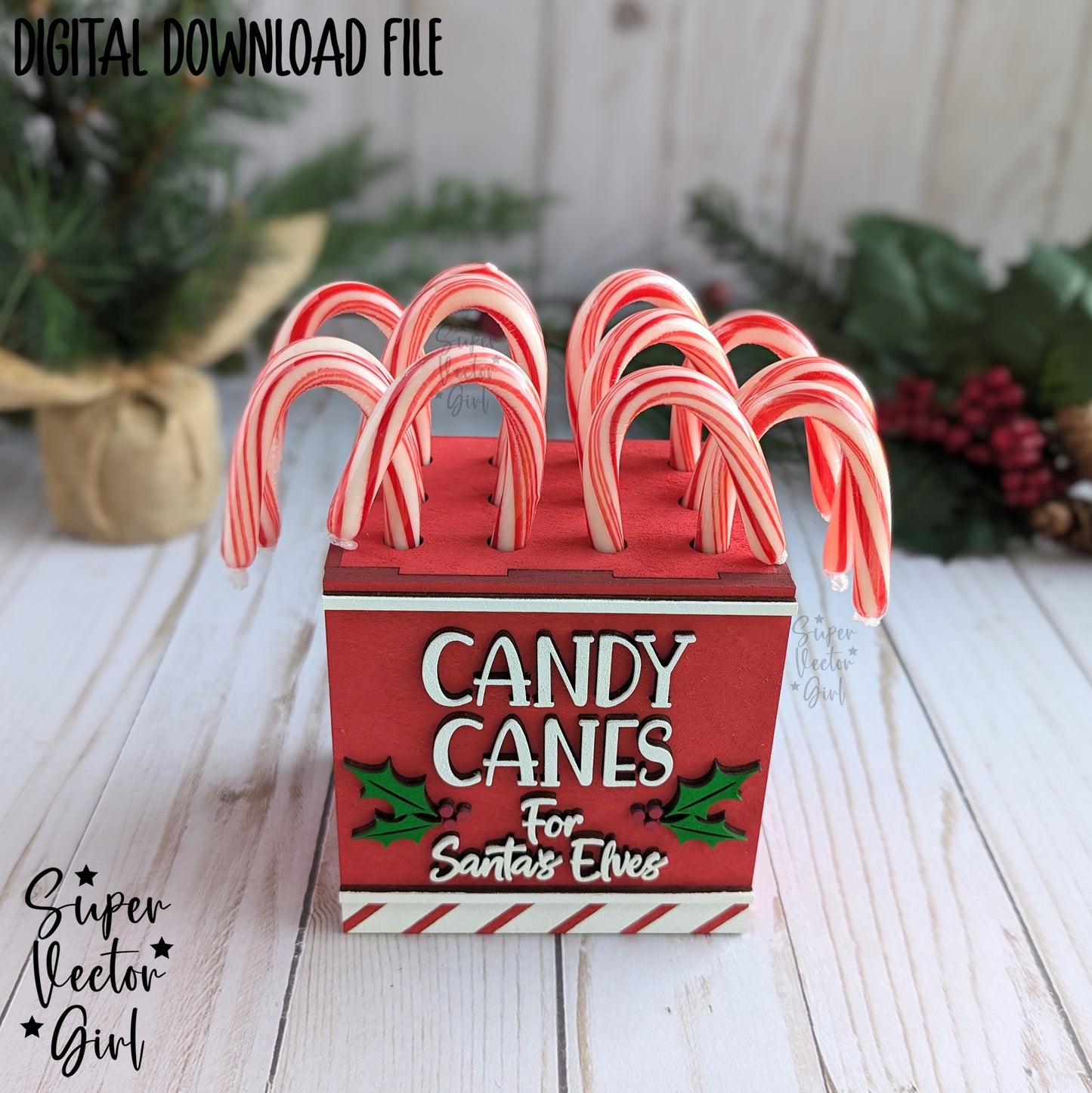 Candy Cane Holder For Santas Elves Box Cup, SVG, Laser Cut File files, Christmas Shelf Sitter, Display Farmhouse Home Decor, Wooden Storage Tray