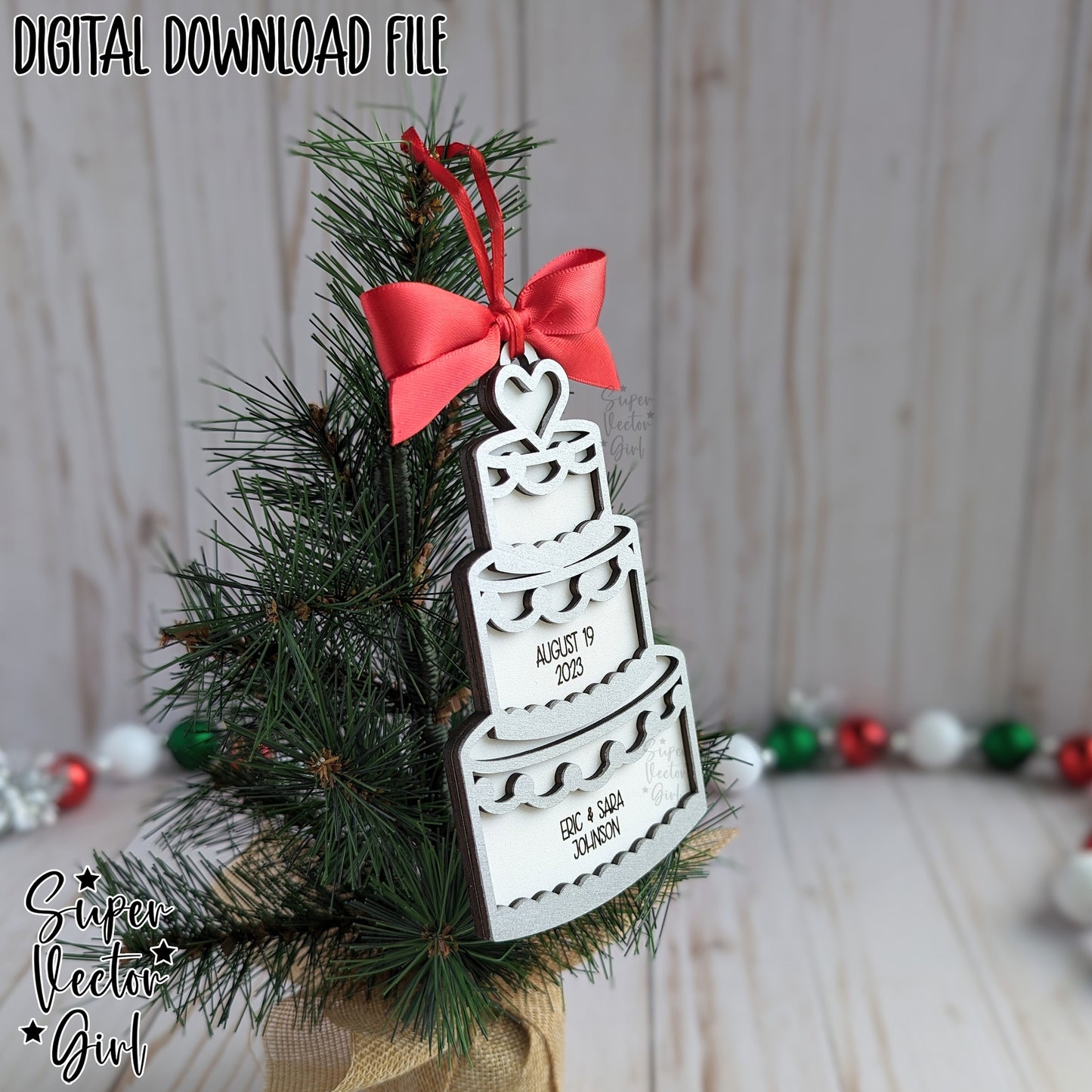 Wedding Cake Personalized Christmas Ornament, SVG, Laser Cut File files, Gift Couple Engagement, Bride, 1st First Christmas Married, Mr. Mrs. Custom Name