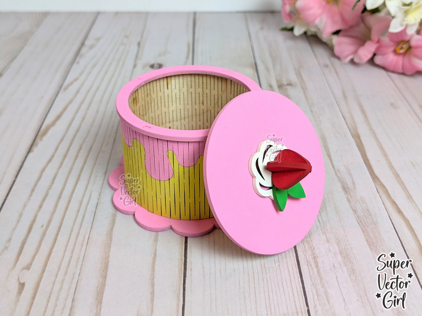 Strawberry Birthday Cake Trinket Box with Lid SVG File, 3D Birthday Round Cake, Laser Cut File, gift present kids storage cute dessert party food 3D Cake