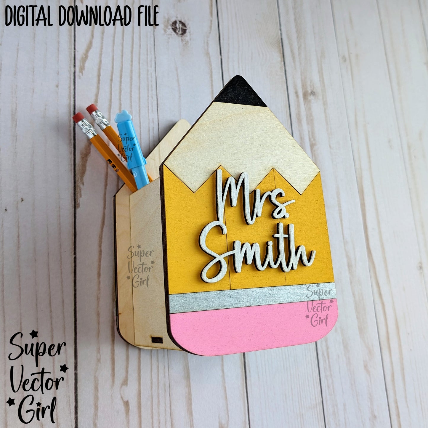Pencil Shaped Pen Cup Holder SVG File, Desk Organizer, Personalized Teacher Appreciation Gift, Digital Laser Cut File, Desk Pens Holder, Storage Cup Basket, xTool Glowforge files, Custom Name