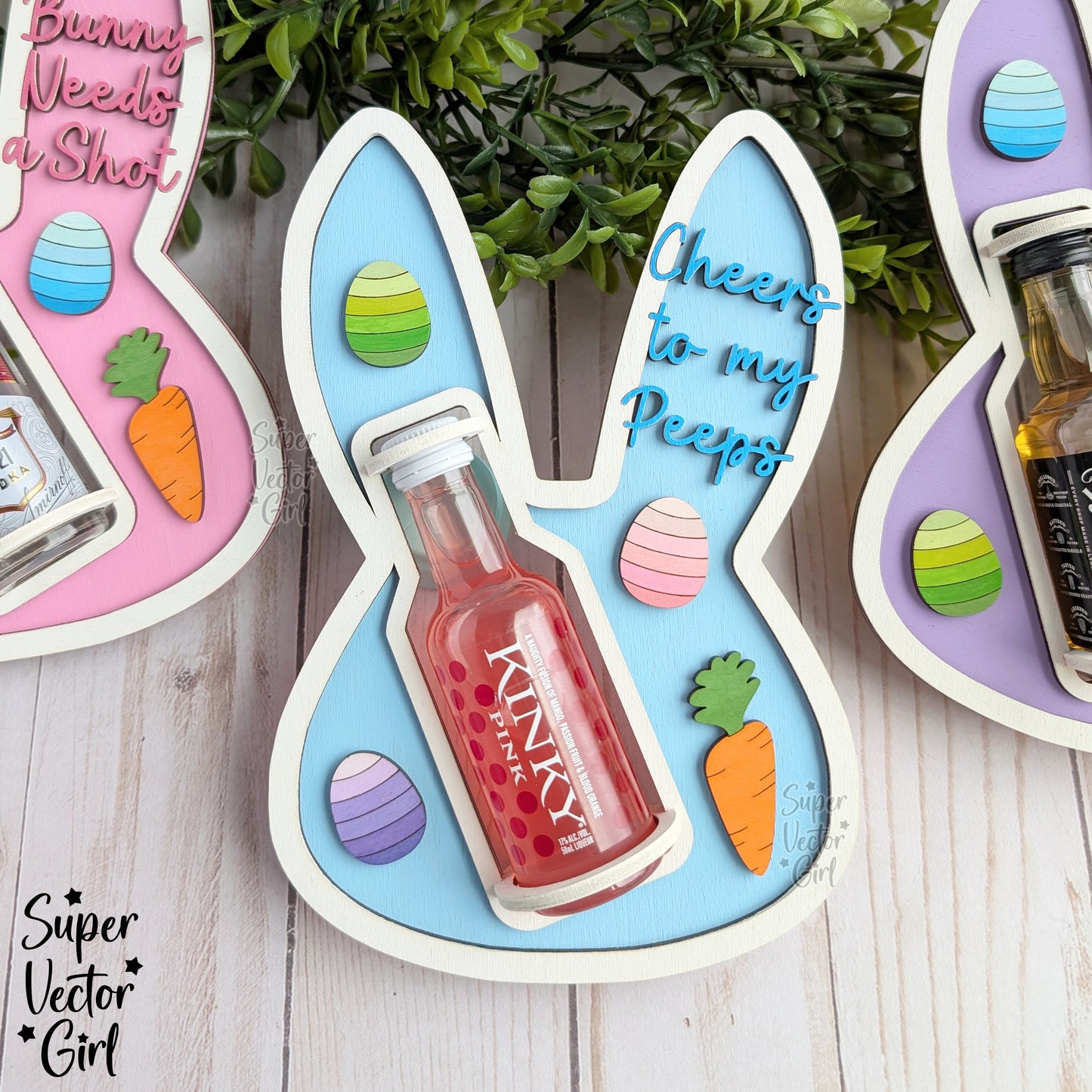 Easter Shooter Holder, SVG, Laser Cut File, Mini Alcohol Shot Bottle Gift, Small Round or Square Booze Bottle Shot Shooters, Alcohol 50 ML Shooters, Mini Liquor Holder, Bunny Rabbit Head