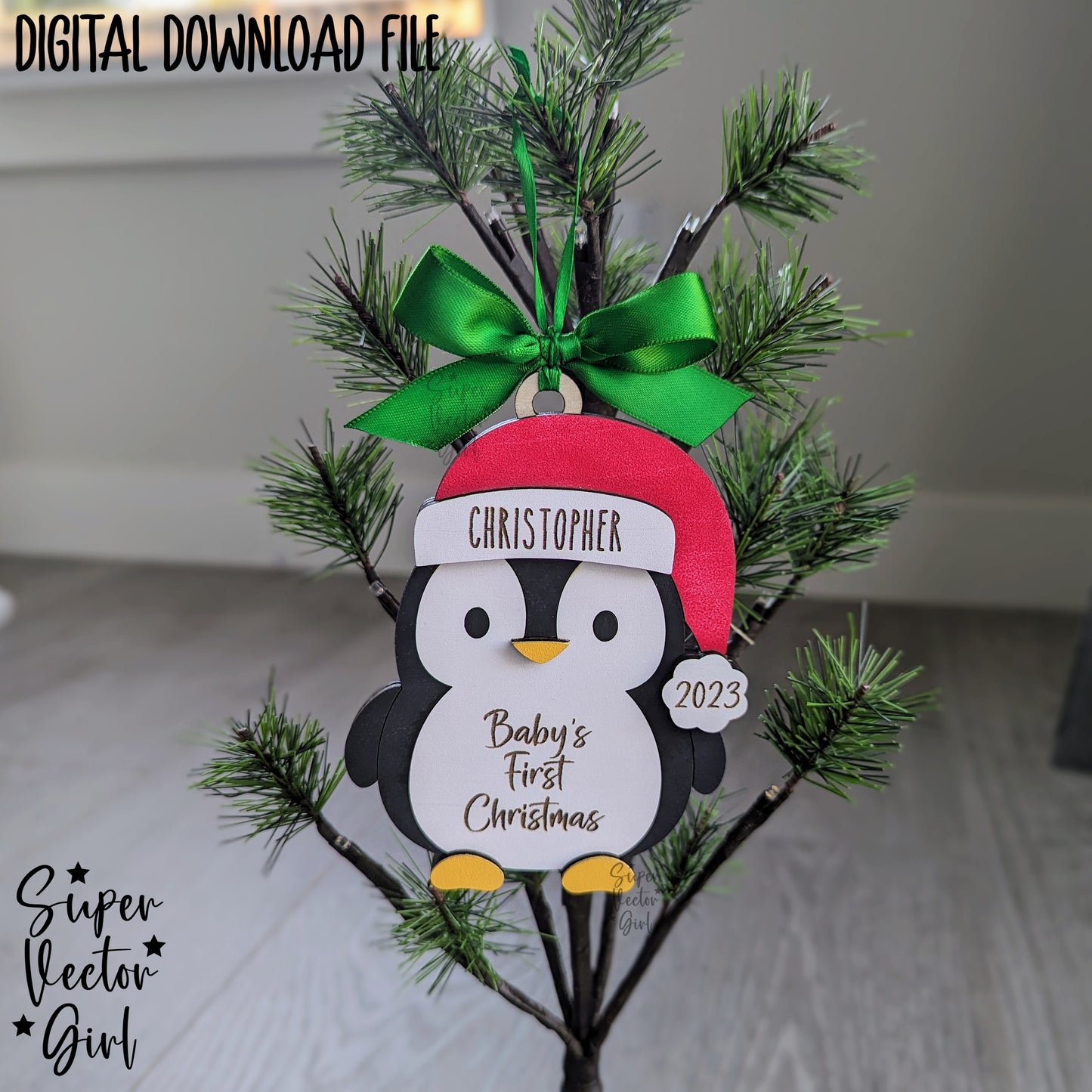 Penguin Baby's First Christmas Ornament, SVG, Laser Cut File, Personalized 1st Year Christmas, New Baby, Newborn, Shower Gift, 2024