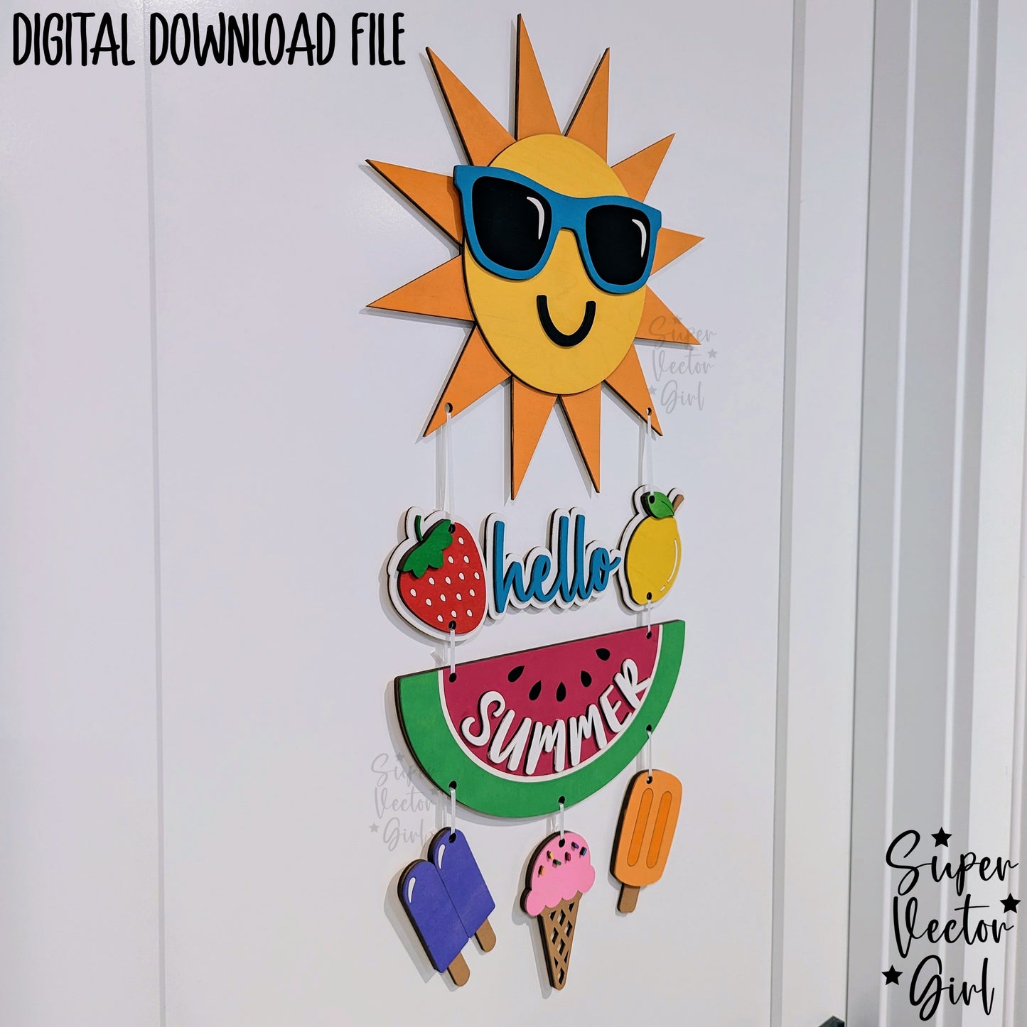 Summer Door Hanger Sign, SVG, Laser Cut File, Hello Summer Hanging Sign, Wall Decor, Accent Home Decoration, cute sun popsicle