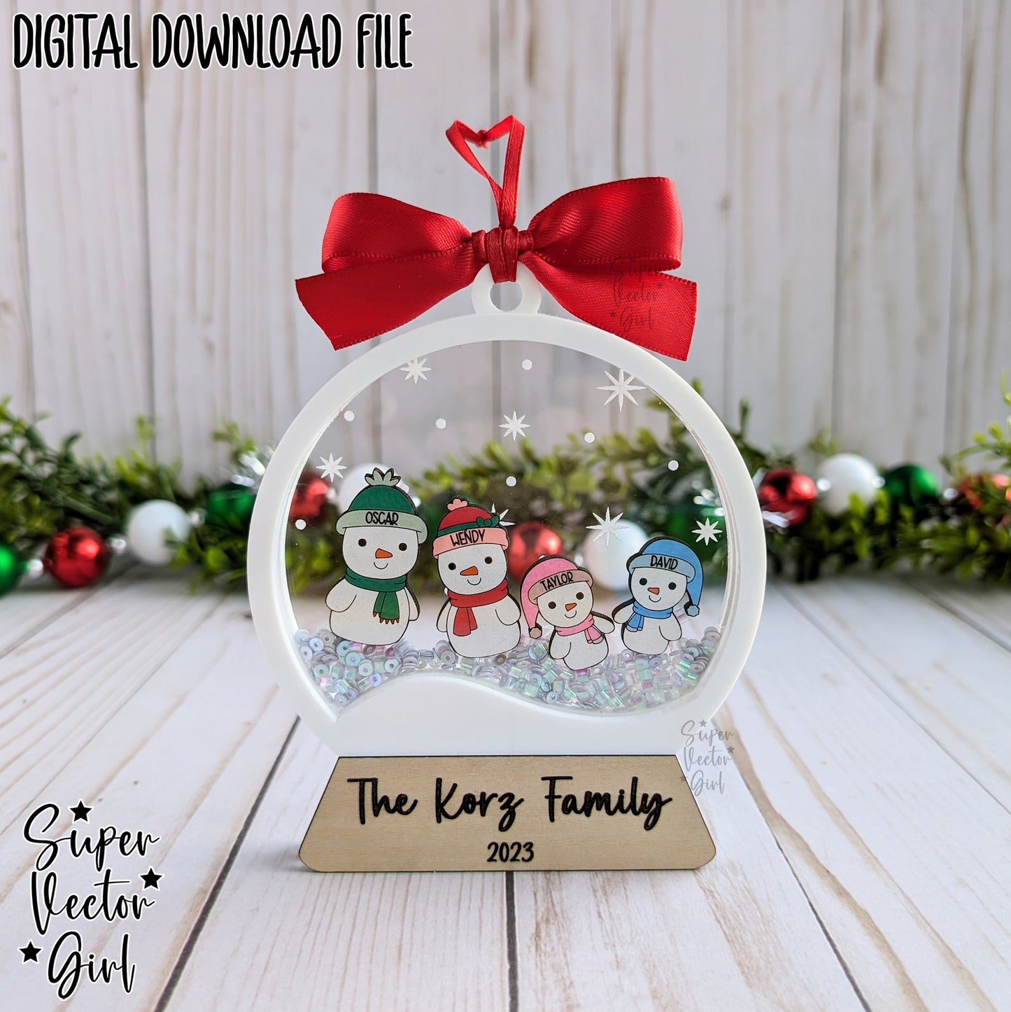 Snow Globe Shaker Snowman Family with Pets, Christmas Ornament up to 10 People, SVG, Laser Cut File, Dog Cat, Personalized Name