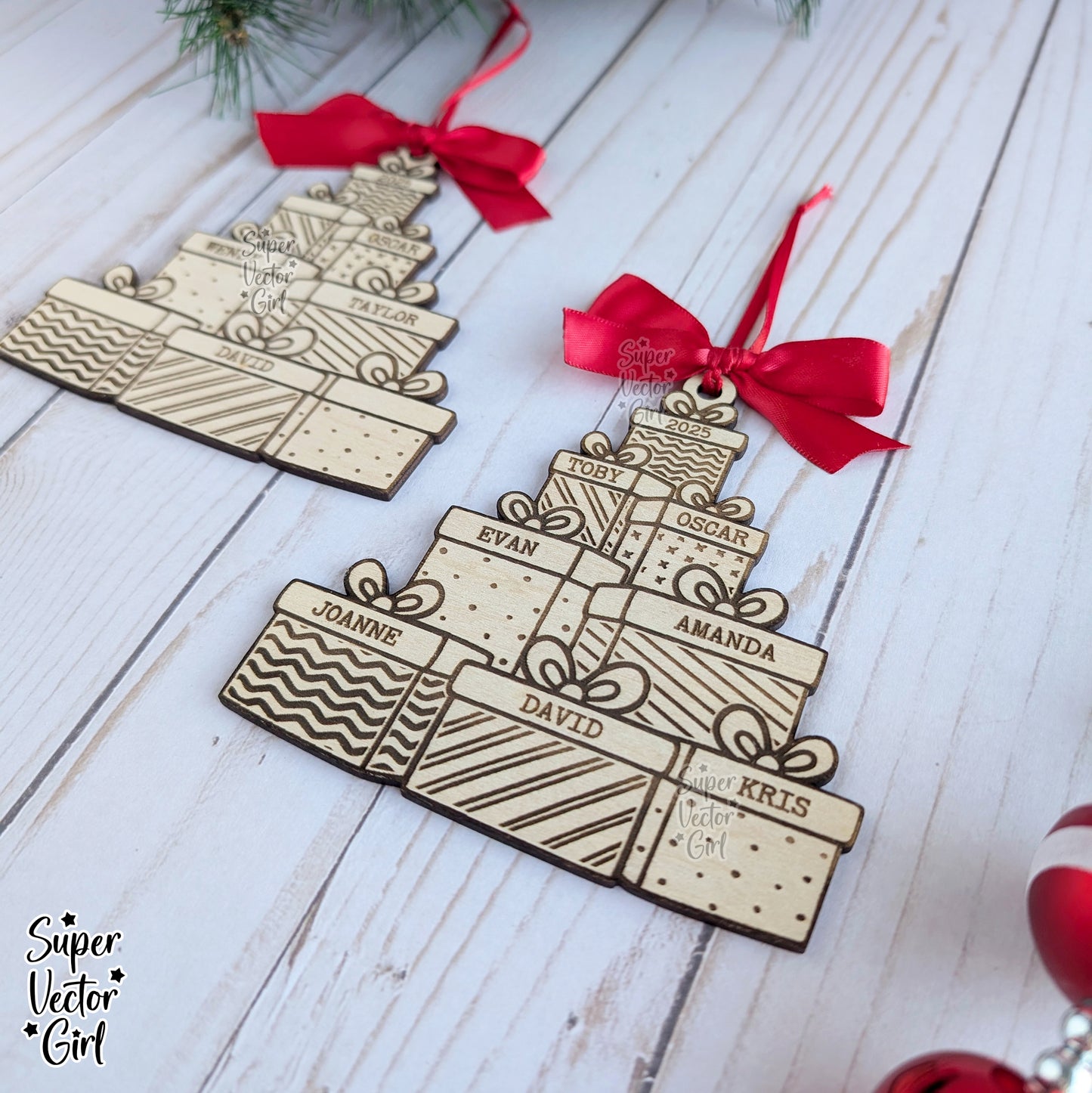 Stack of Presents Family Christmas Ornament, up to 8 Names, Tree Shape, SVG, Digital Laser Cut File files, Personalized Name, Engraved Gifts, Christmas Stacked Gift Boxes Wood Ornament