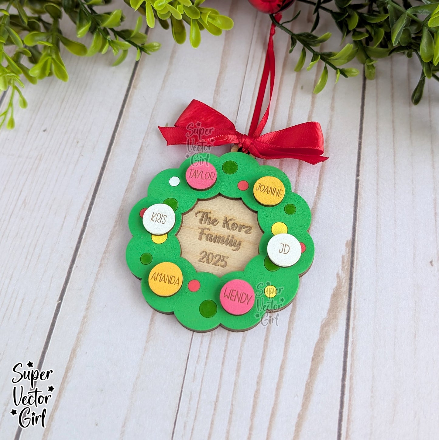 Wreath Family Christmas Ornament, up to 12 Names, SVG, Digital Laser Cut File files, Personalized Name Gifts, Holiday Wood Ornament