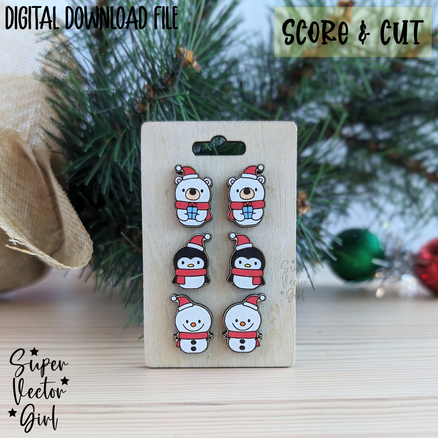 Cute Winter Christmas Stud Earrings Bundle Set, SVG, Digital Laser Cut File files, Score and Cut, Laser Cut Earring, Snowman Penguin Bear Holiday
