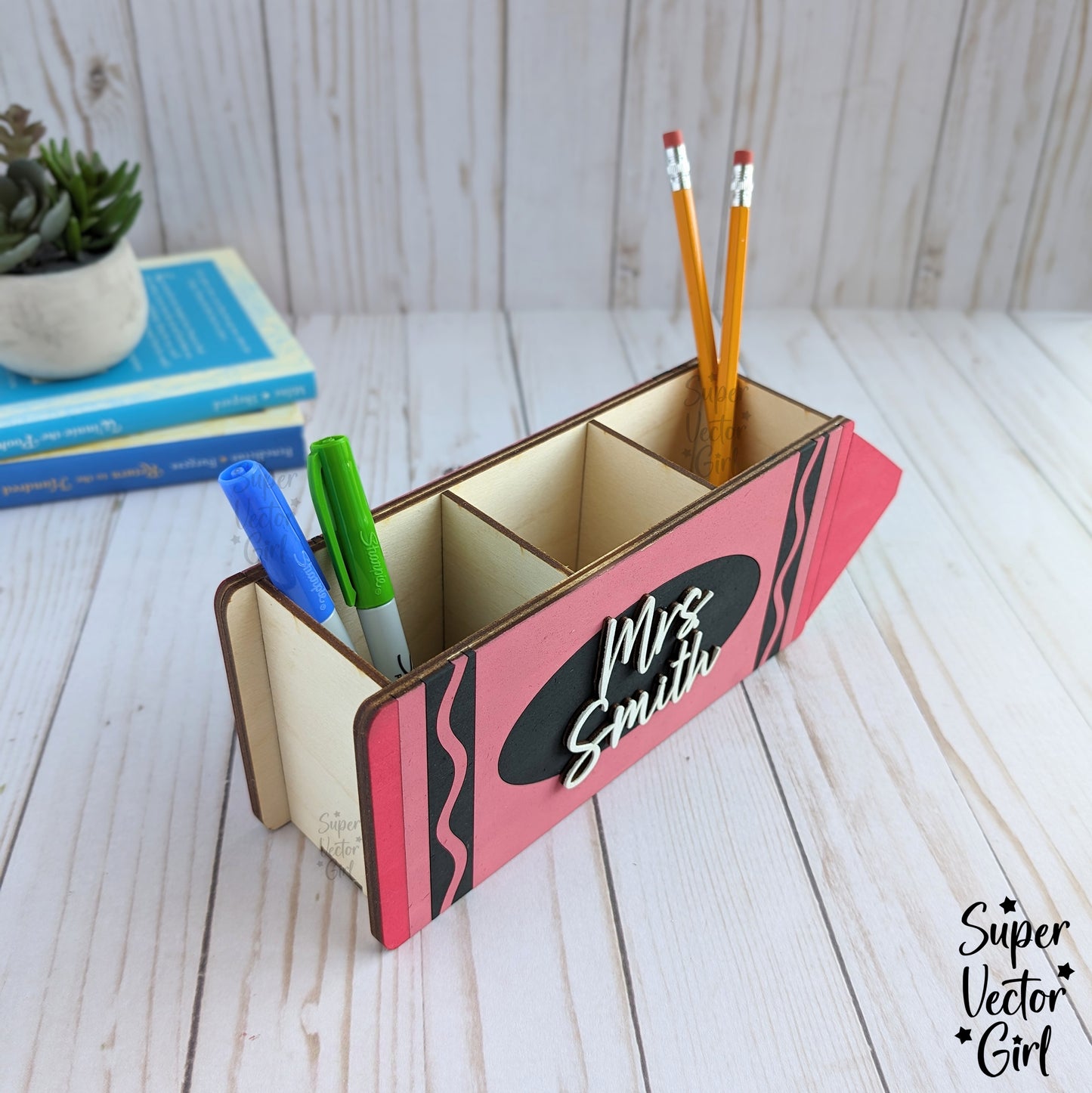 Crayon Shaped Desk Organizer for Pencils Pens, SVG File, Personalized Teacher Appreciation Gift, Digital Laser Cut File, Desk Pen Pencil Holder, Storage Cup Box Basket, Custom Name