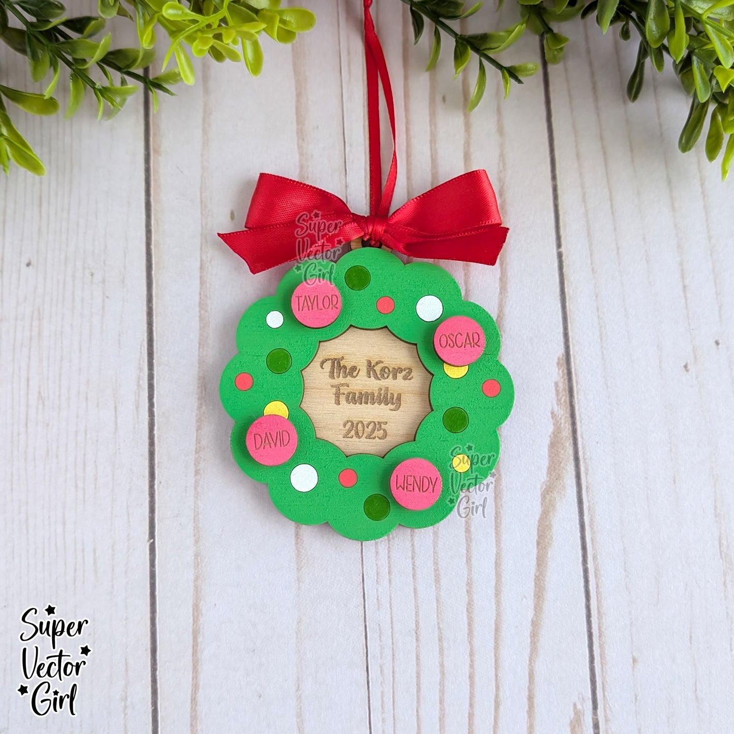 Wreath Family Christmas Ornament, up to 12 Names, SVG, Digital Laser Cut File files, Personalized Name Gifts, Holiday Wood Ornament