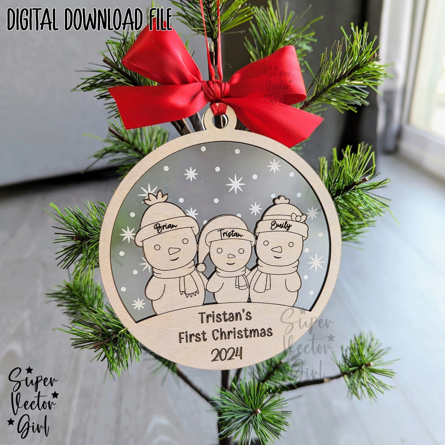 Snowman Family Christmas Ornament, up to 6 Custom Name, Personalized, SVG, Laser Cut File, xTool Glowforge files, 1st Christmas, Baby, Married, Mr. Mrs.