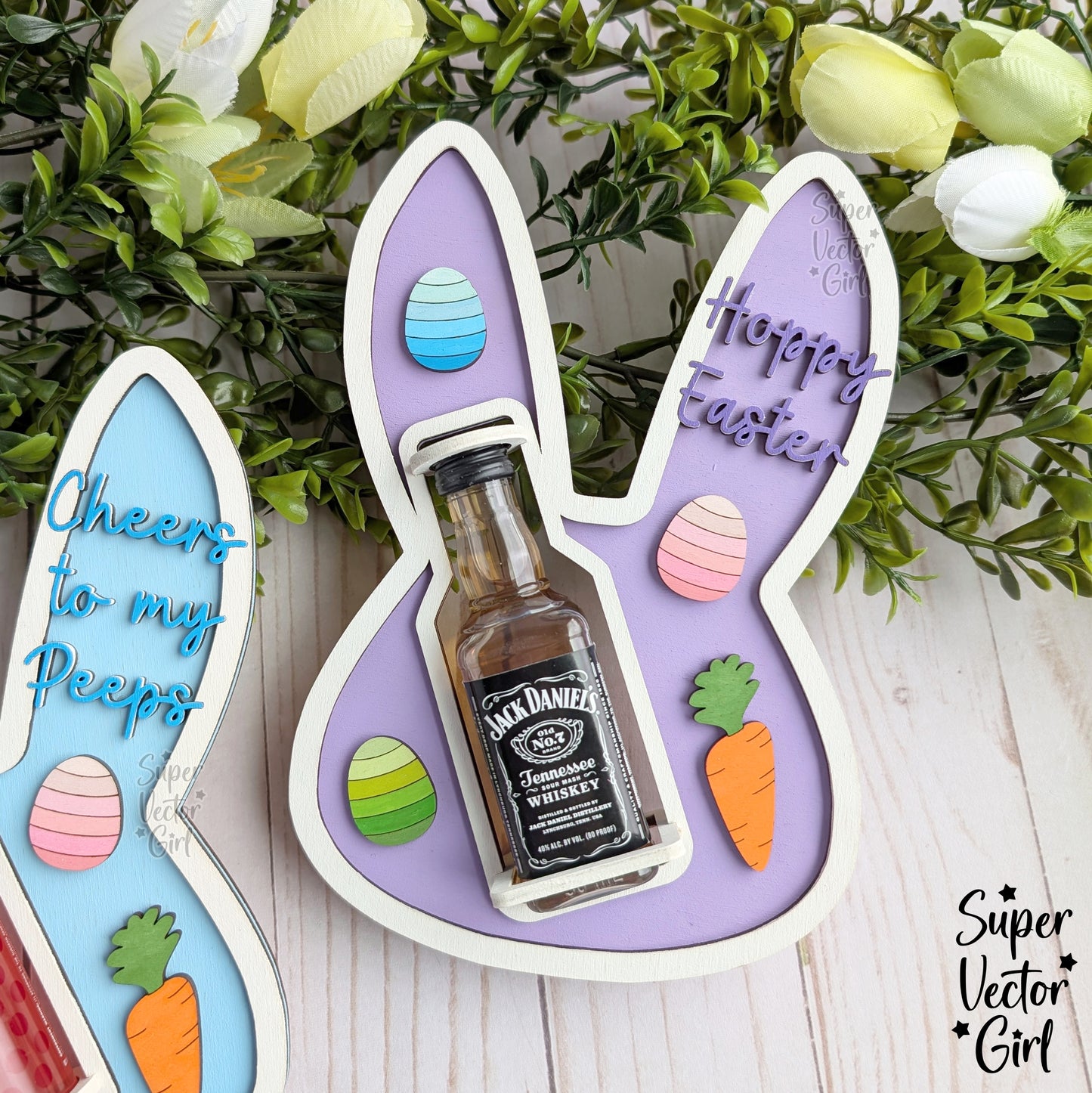Easter Shooter Holder, SVG, Laser Cut File, Mini Alcohol Shot Bottle Gift, Small Round or Square Booze Bottle Shot Shooters, Alcohol 50 ML Shooters, Mini Liquor Holder, Bunny Rabbit Head