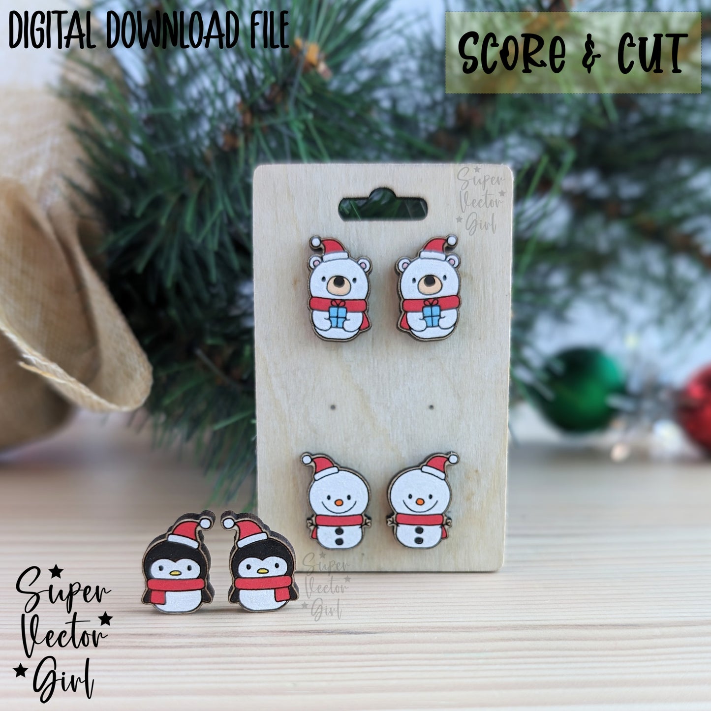 Cute Winter Christmas Stud Earrings Bundle Set, SVG, Digital Laser Cut File files, Score and Cut, Laser Cut Earring, Snowman Penguin Bear Holiday