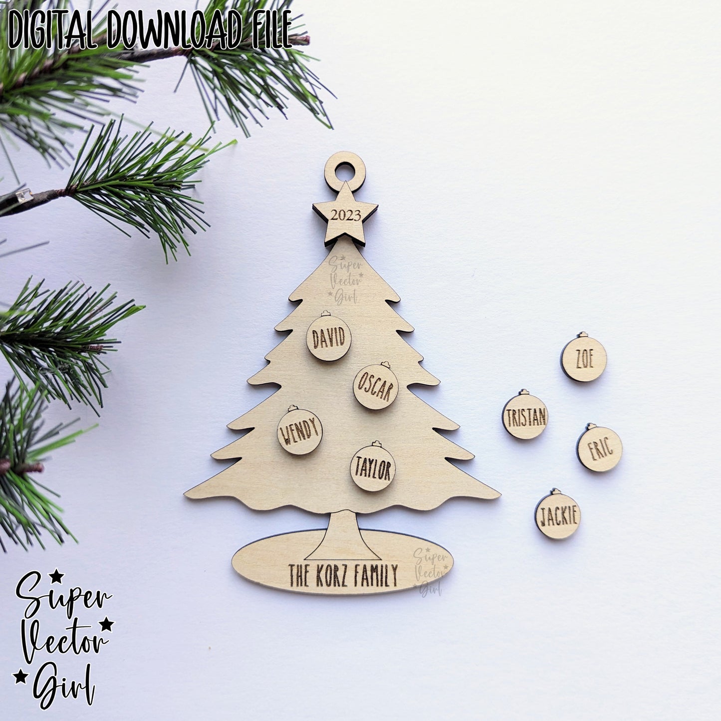 Personalized Christmas Tree Family Ornament, up to 12 Custom Names, SVG, Digital Laser Cut File files, Large Family, Name Ornament, Gift