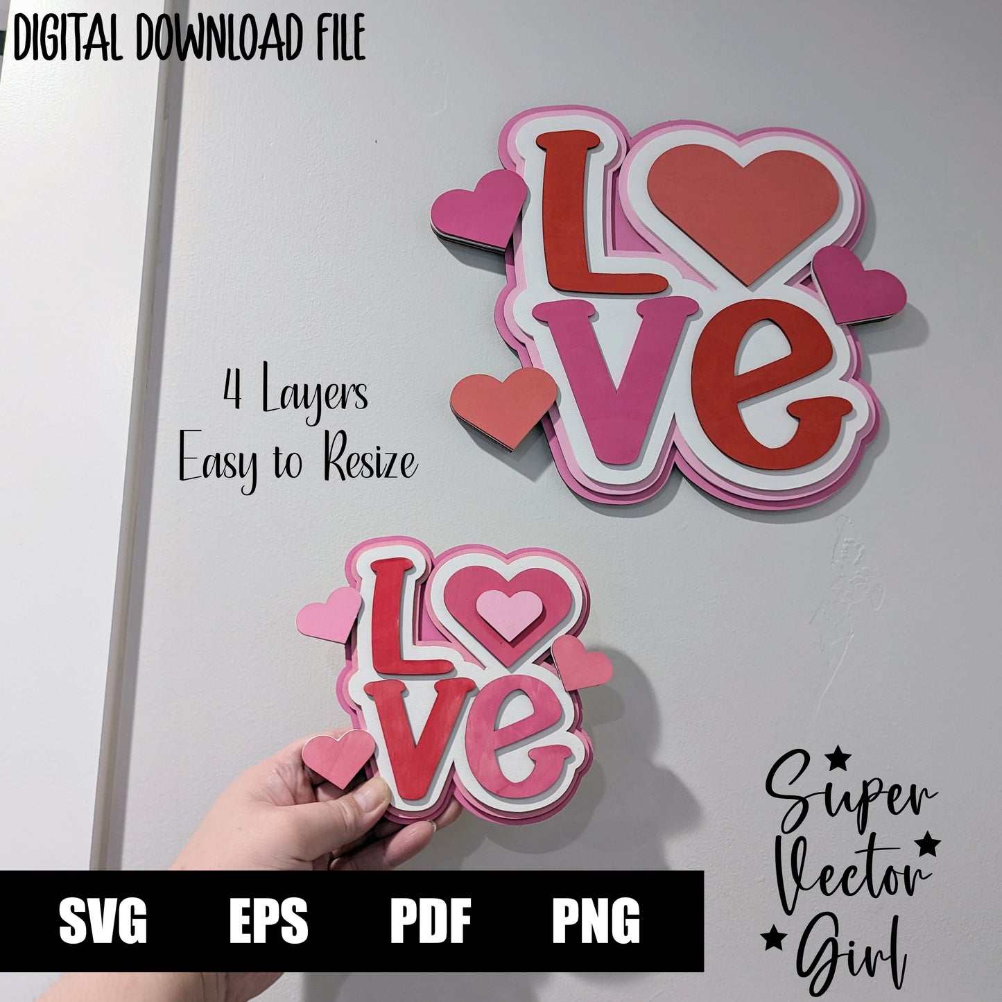 Layered Love Door Hanger Sign, SVG, Laser Cut File, Valentine's Day, Wall Decor Home Decoration, xTool Glowforge files, Heart Shelf Sitter