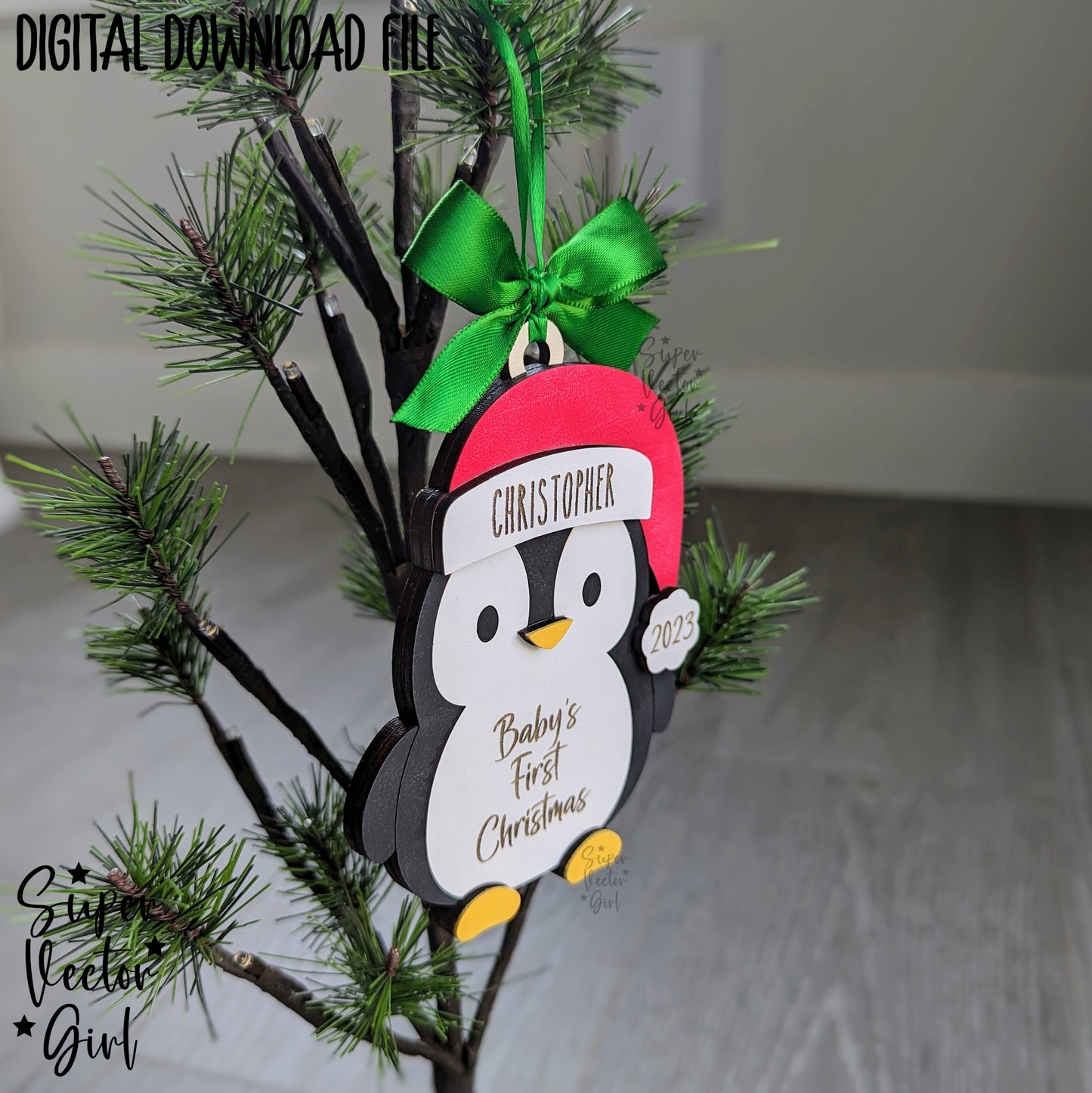 Penguin Baby's First Christmas Ornament, SVG, Laser Cut File, Personalized 1st Year Christmas, New Baby, Newborn, Shower Gift, 2024