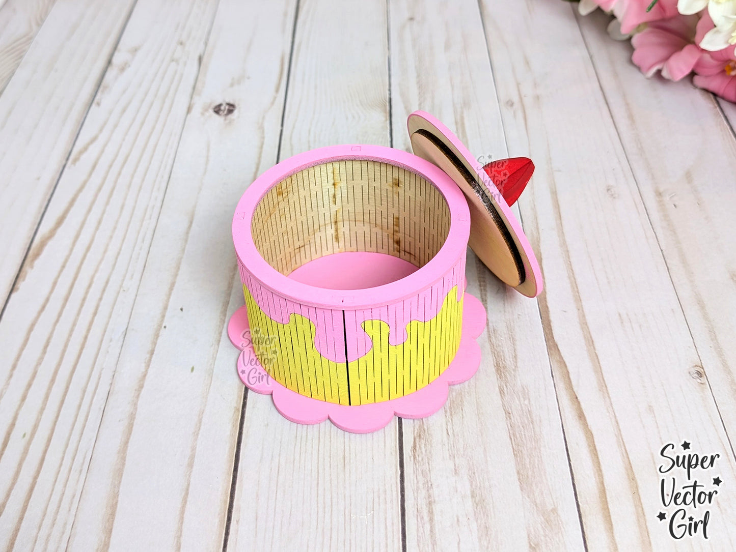 Strawberry Birthday Cake Trinket Box with Lid SVG File, 3D Birthday Round Cake, Laser Cut File, gift present kids storage cute dessert party food 3D Cake