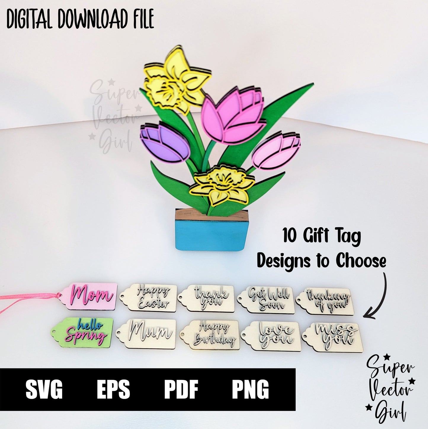 Spring Flower Pot, Laser Cut File, SVG, Mother's Day Flowers, Mom, Tulips Daffodils, Easter, xTool Glowforge files, bouquet decoration centerpiece vase