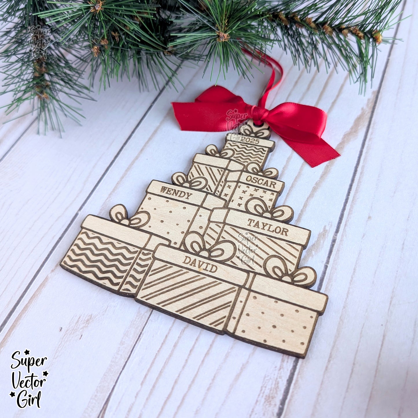 Stack of Presents Family Christmas Ornament, up to 8 Names, Tree Shape, SVG, Digital Laser Cut File files, Personalized Name, Engraved Gifts, Christmas Stacked Gift Boxes Wood Ornament