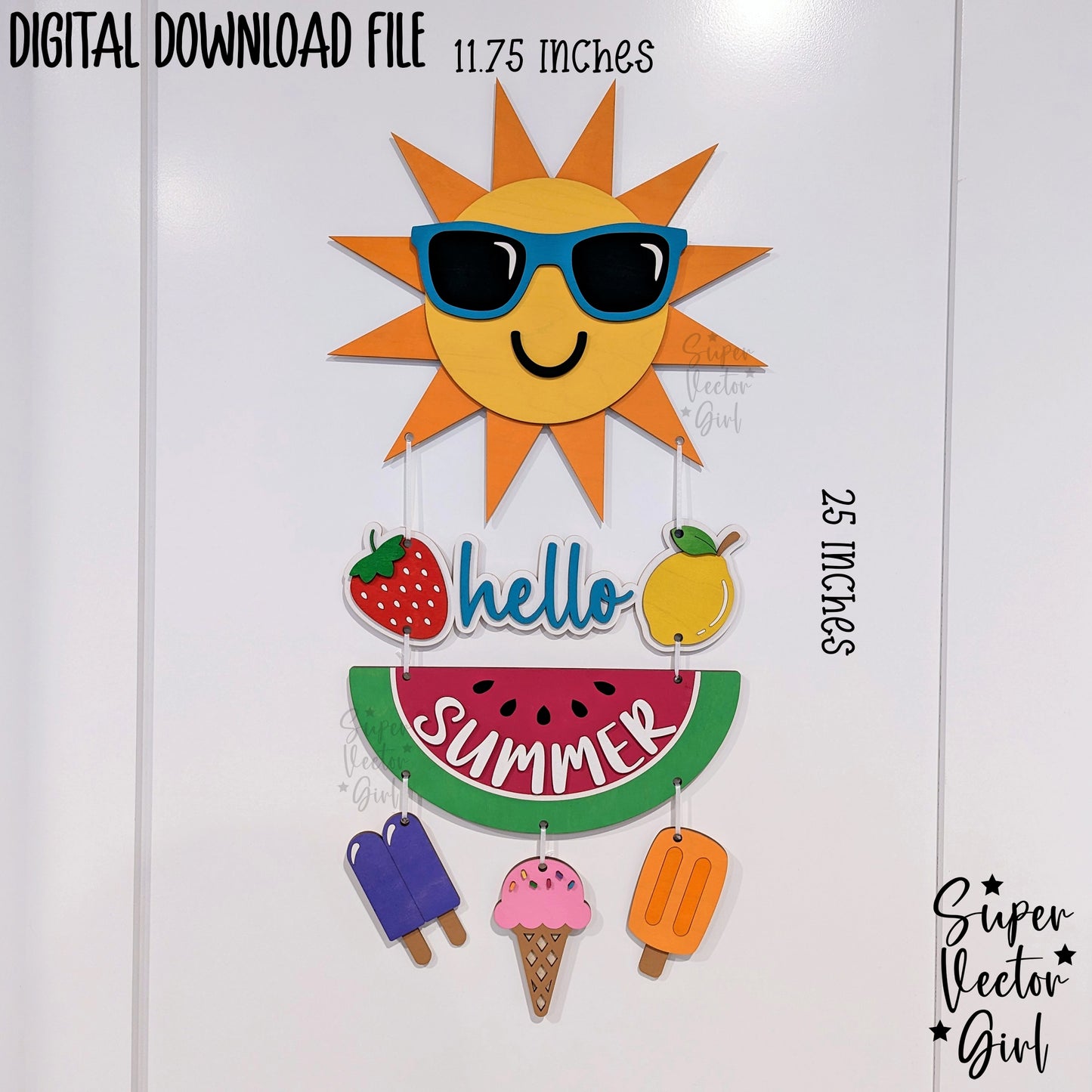 Summer Door Hanger Sign, SVG, Laser Cut File, Hello Summer Hanging Sign, Wall Decor, Accent Home Decoration, cute sun popsicle