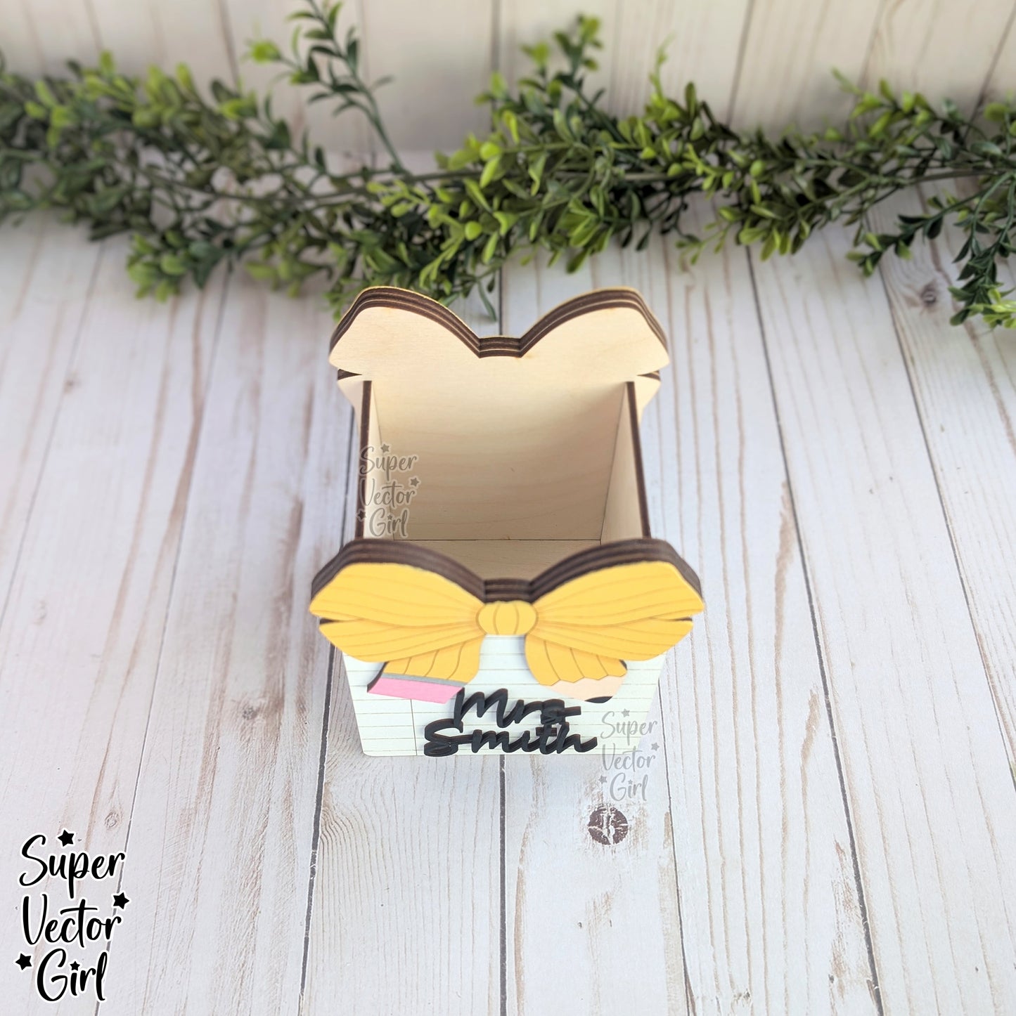 Pencil Bow and Notebook Paper Pen Cup Holder SVG File, Desk Organizer, Personalized Teacher Appreciation Gift, Digital Laser Cut File, Desk Pens Holder, Storage Cup Basket, xTool Glowforge files, Custom Name