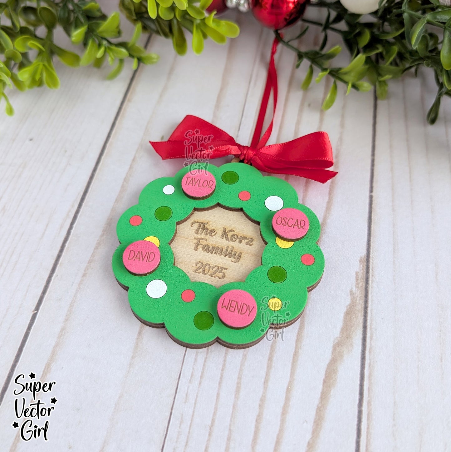 Wreath Family Christmas Ornament, up to 12 Names, SVG, Digital Laser Cut File files, Personalized Name Gifts, Holiday Wood Ornament