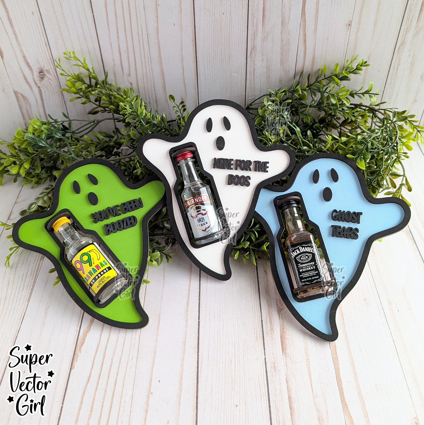 Ghost Bottle Shooter Holder, Mini Booze Holder for Halloween, SVG, Laser Cut File, Mini Alcohol Shot Bottle Gift, Small Round or Square Booze Bottle Shot Shooters, Alcohol 50 ML Shooters, Mini Liquor Holder