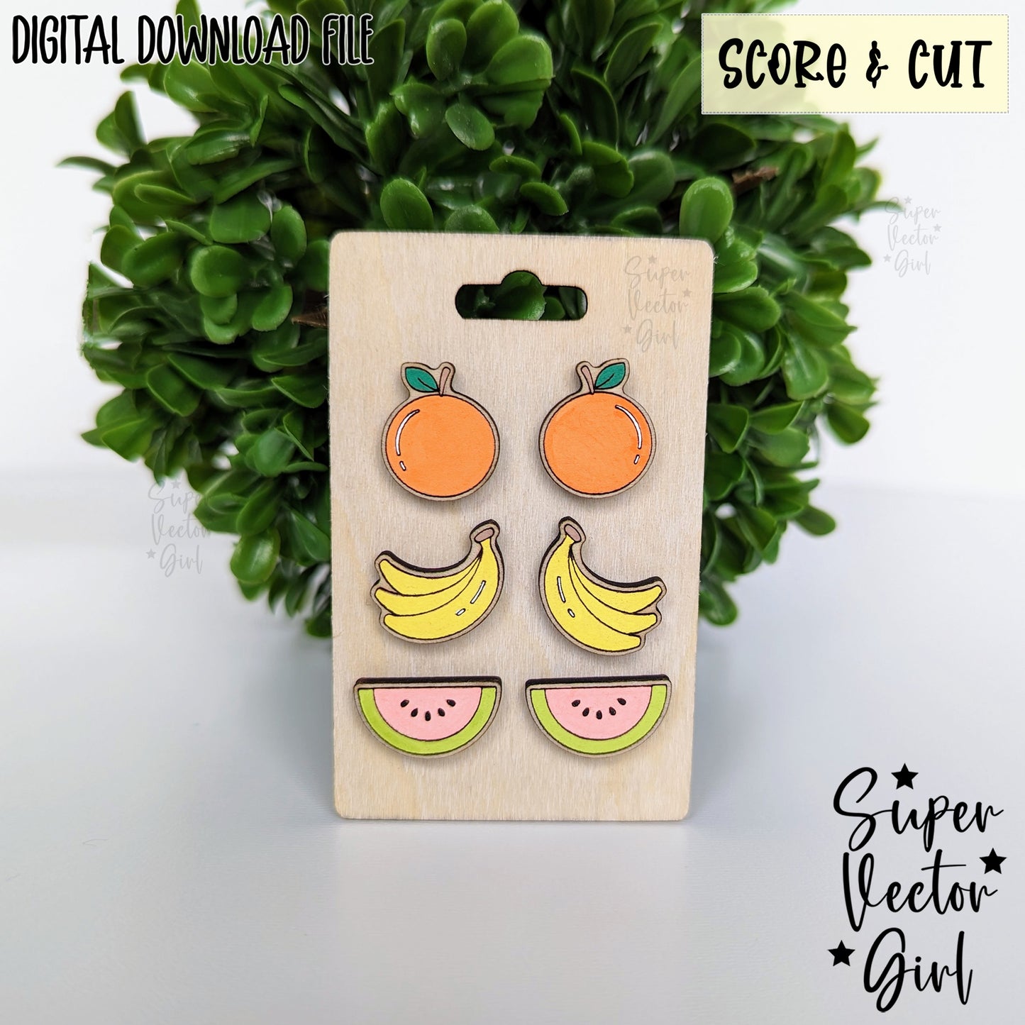 Fruits Set 3 Stud Earrings Bundle Set, SVG, Laser Cut File, Score & Cut, Cute Summer Fruit Orange Banana Watermelon Food Kid