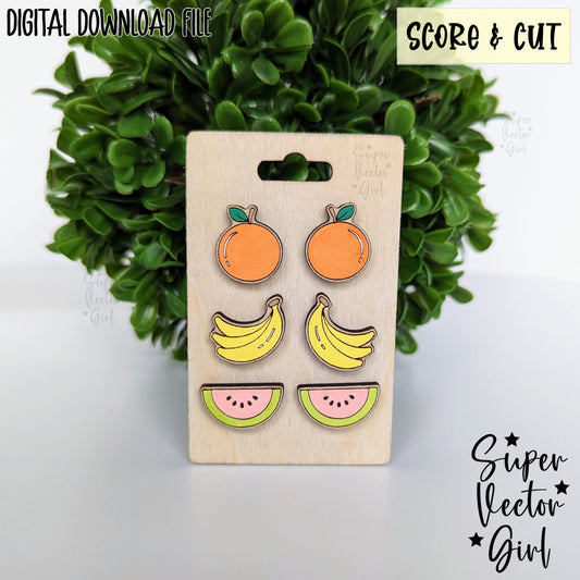Fruits Set 3 Stud Earrings Bundle Set, SVG, Laser Cut File, Score & Cut, Cute Summer Fruit Orange Banana Watermelon Food Kid