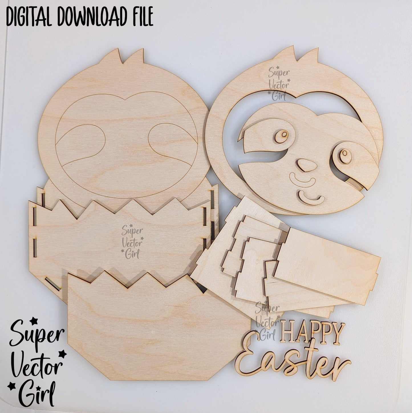 Sloth Easter Basket Crate, Easter Treats Box, SVG, Laser Cut File Files, Cute sloth in egg, gift box, hatching, spring, xTool Glowforge all laser files