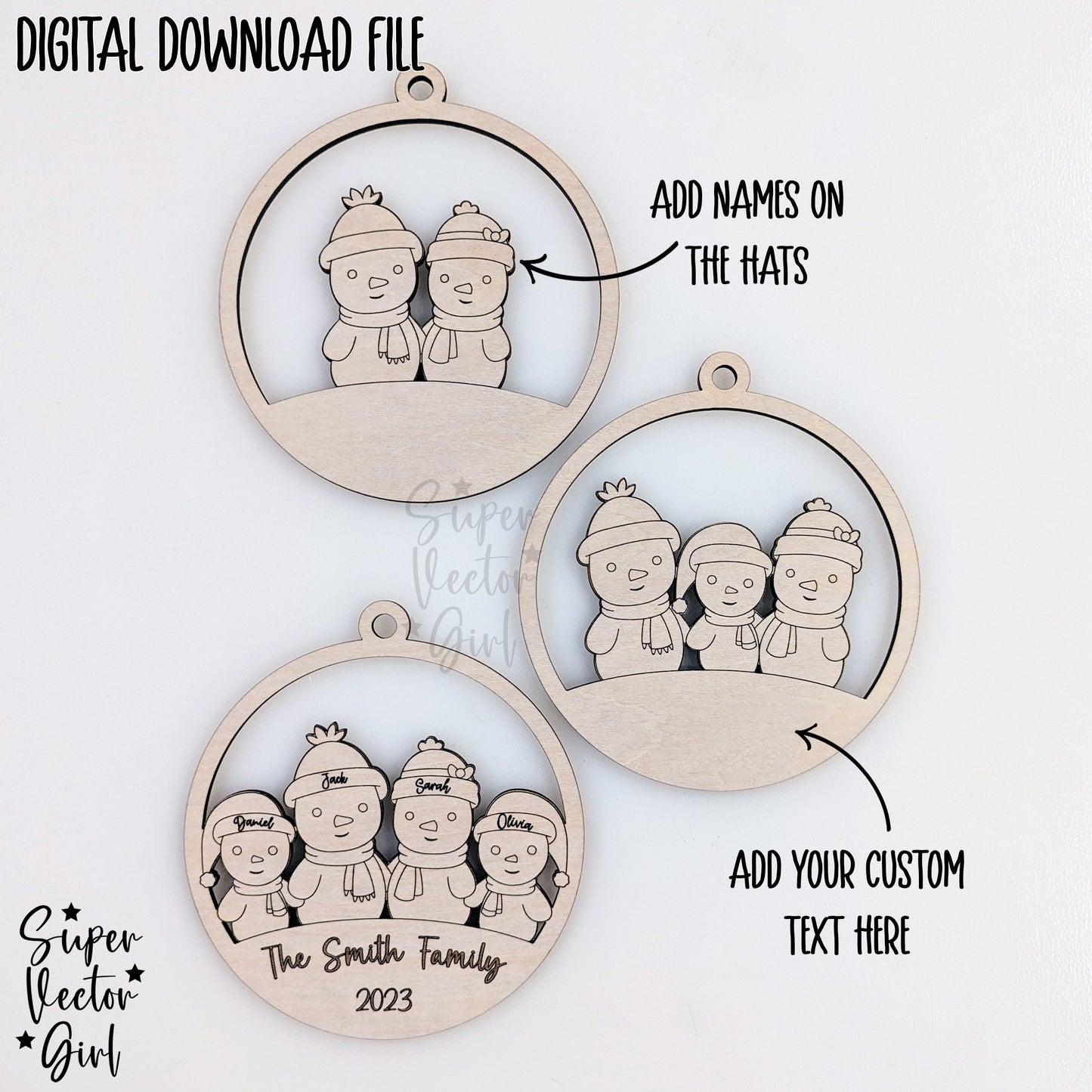 Snowman Family Christmas Ornament, up to 6 Custom Name, Personalized, SVG, Laser Cut File, xTool Glowforge files, 1st Christmas, Baby, Married, Mr. Mrs.