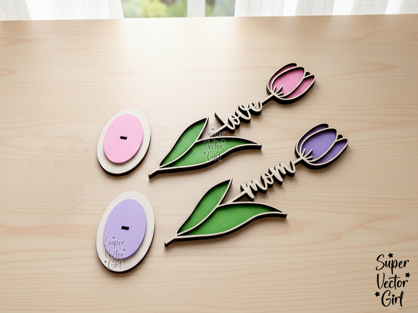 Tulip Laser Cut File with Stand, SVG, Mother's Day Mom Tulips, Valentine's Day Anniversary Birthday, Digital xTool Glowforge files, Flower Love Name Gift