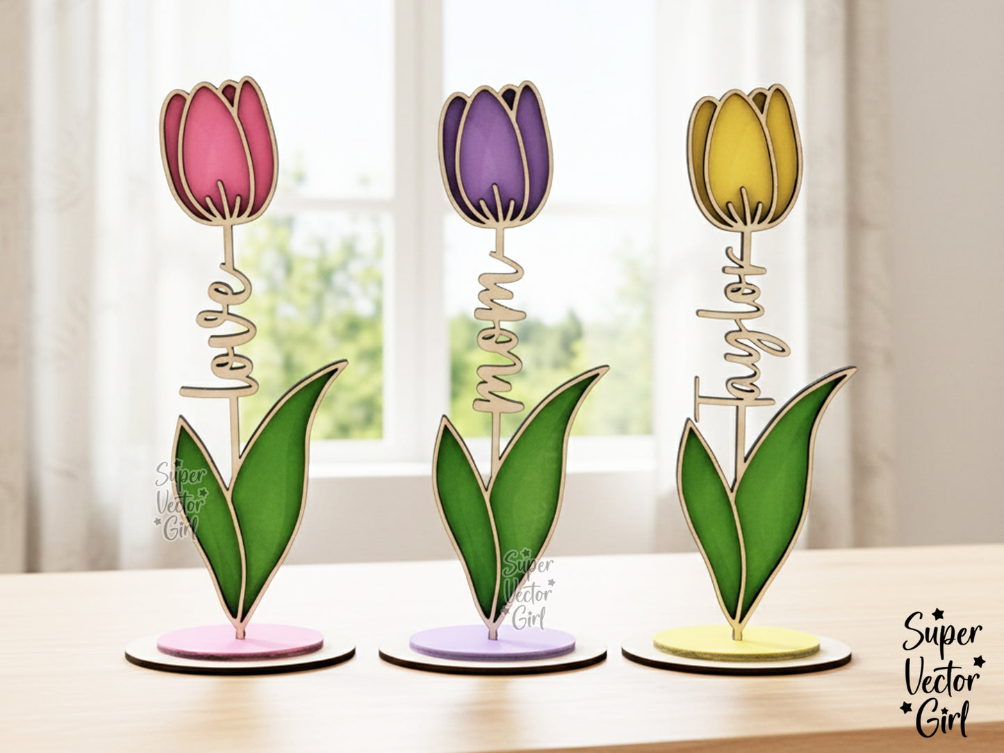 Tulip Laser Cut File with Stand, SVG, Mother's Day Mom Tulips, Valentine's Day Anniversary Birthday, Digital xTool Glowforge files, Flower Love Name Gift