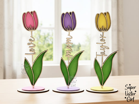 Tulip Laser Cut File with Stand, SVG, Mother's Day Mom Tulips, Valentine's Day Anniversary Birthday, Digital xTool Glowforge files, Flower Love Name Gift