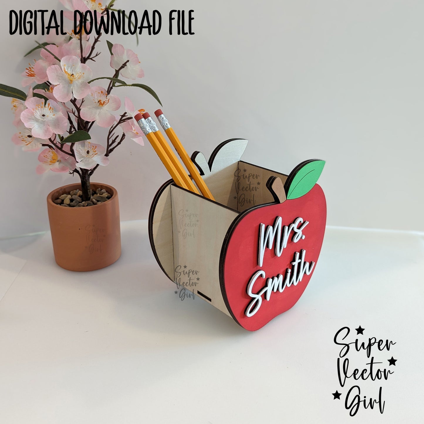 Apple Pencil Pen Cup Holder SVG File, Personalized Teacher Appreciation Gift, Desk Storage Basket, Digital Laser Cut File, xTool Glowforge files