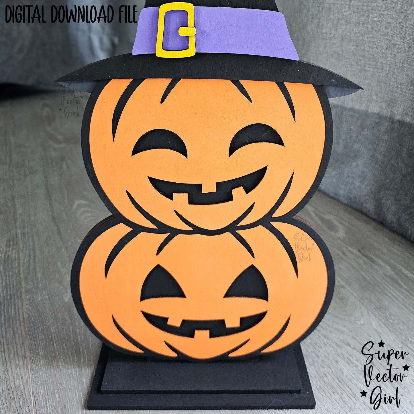 Halloween Stacked Pumpkins with Witch Hat, SVG, Laser Cut File files, Porch Sign, Shelf Sitter, Home Decor Decoration, Fall Pumpkin