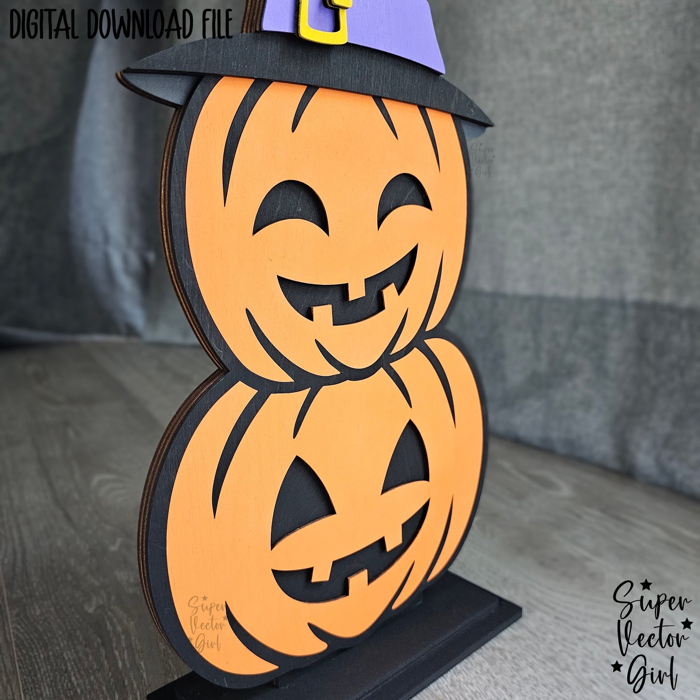 Halloween Stacked Pumpkins with Witch Hat, SVG, Laser Cut File files, Porch Sign, Shelf Sitter, Home Decor Decoration, Fall Pumpkin