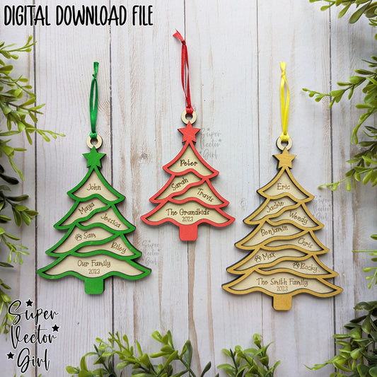 Our Family Christmas Tree Ornament, SVG, Digital Laser Cut File files, Personalized, Large Family, Grand Children, Names Engraved Ornament, Gift