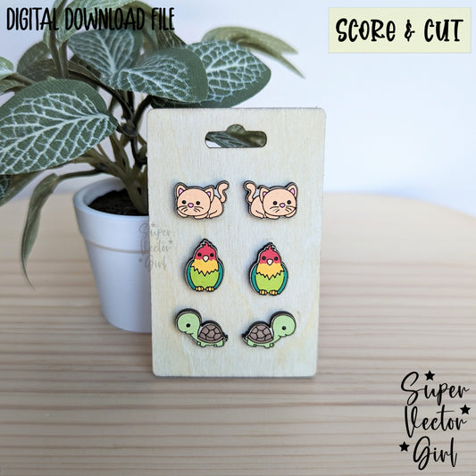 Pets Animals Set 1 Earrings Bundle, SVG, Laser Cut File, xTool Glowforge files, Score & Cut Laser Cut Earrings, Cute cat kitty bird parrot turtle